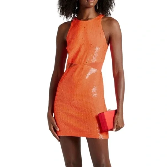 Alice + Olivia Cara Orange Sequined Mesh Sleeveless Mini Dress Size 2 - Picture 5 of 16